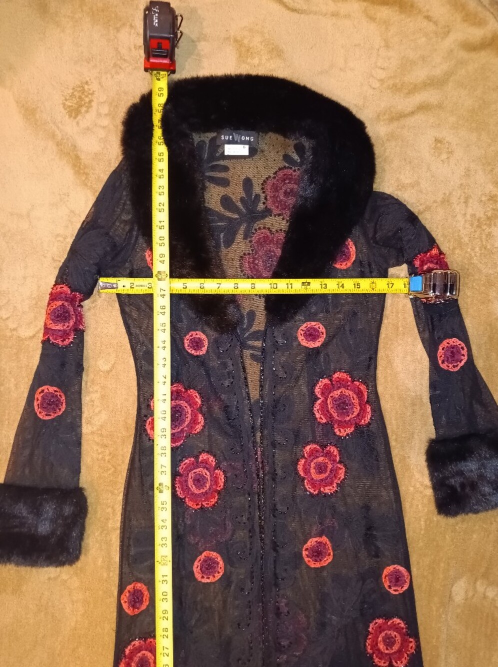 Vintage Sue Wong Elegant Black Duster w/Red Floral Embroidery & Faux Fur Trim - Picture 2 of 5
